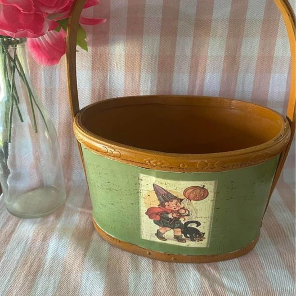 Vintage 1950s Style Witch Black Cat Halloween Candy Pail Basket